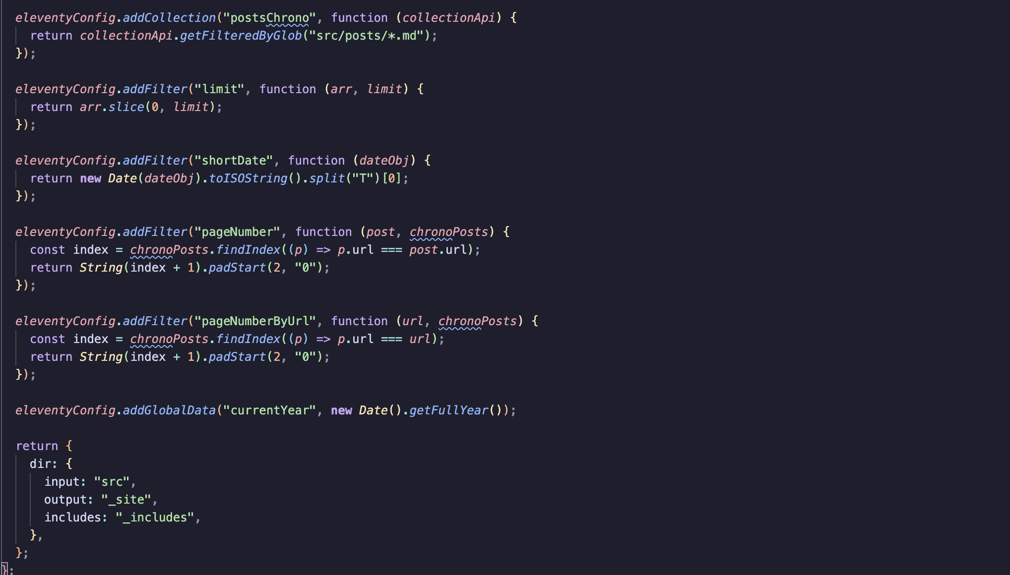 Eleventy config file open in an editor